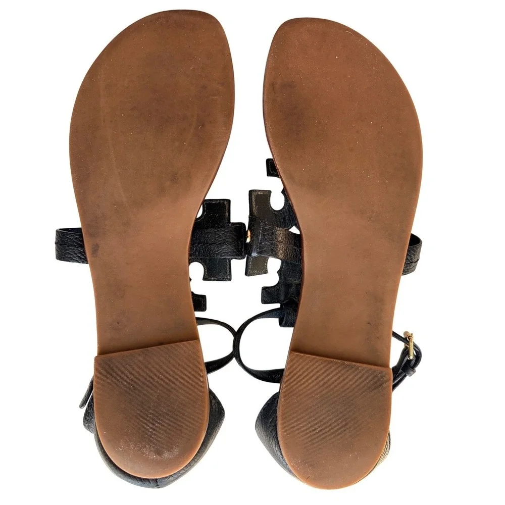 Tory Burch Phoebe Logo Thong Sandals Black Pebbled Leather Size 10